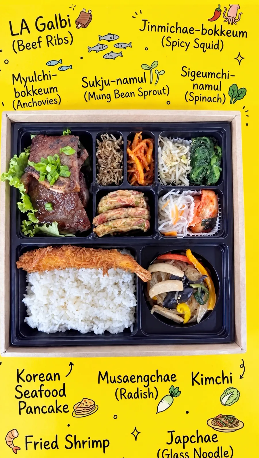 Premium dosirak with each dish labeled: LA galbi, spicy squid, anchovies, mung bean sprouts, spinach, seafood pancake, radish, kimchi, fried shrimp, and japchae